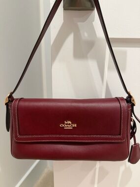 Authentic Coach Burgundy Leather Flap Shoulder Bag with Gold Hardware